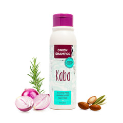Kaba Onion Shampoo bottle closeup highlights sulfate-free cleansing for the scalp.