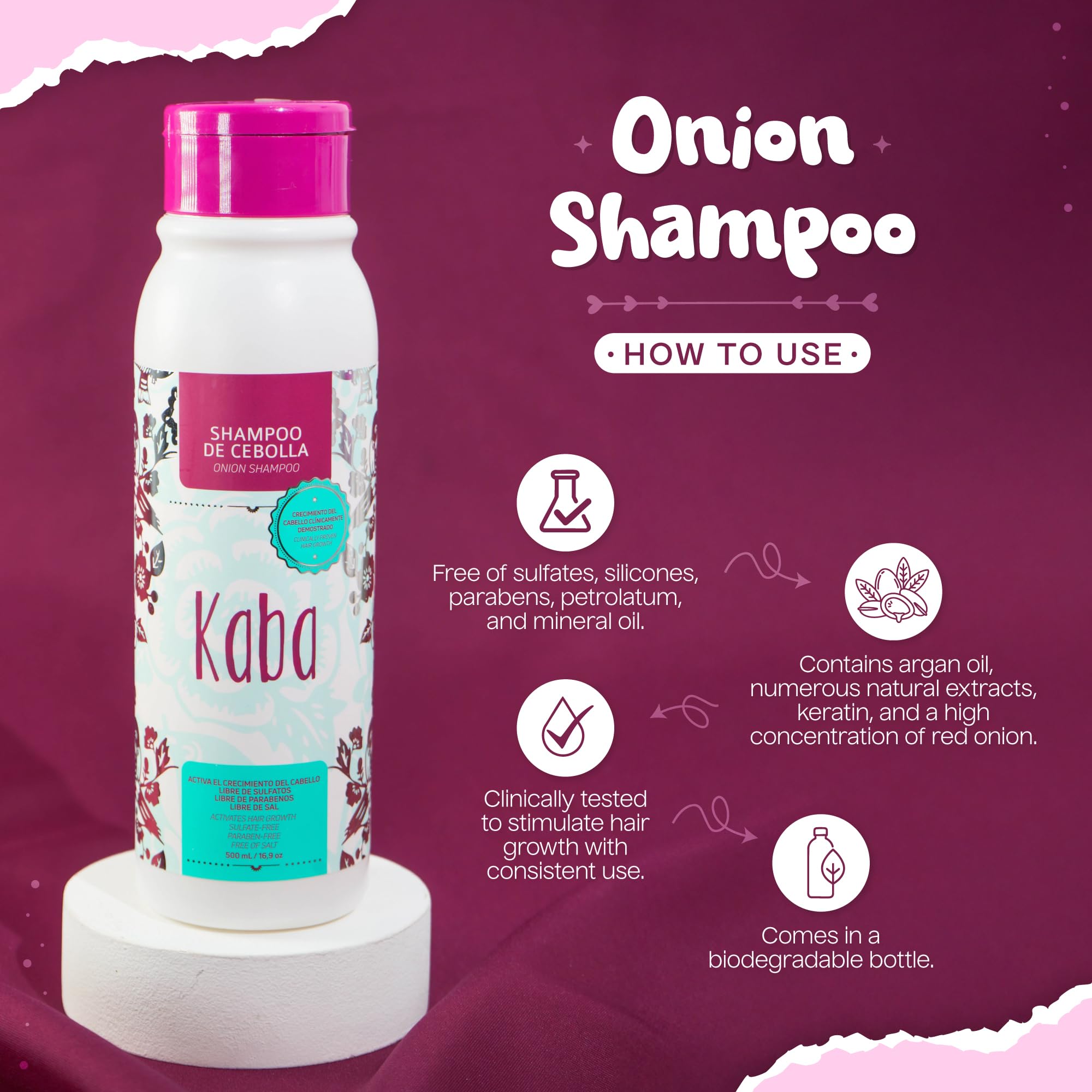 Kaba Red Onion Extract visual emphasizes natural nourishment for stronger roots.