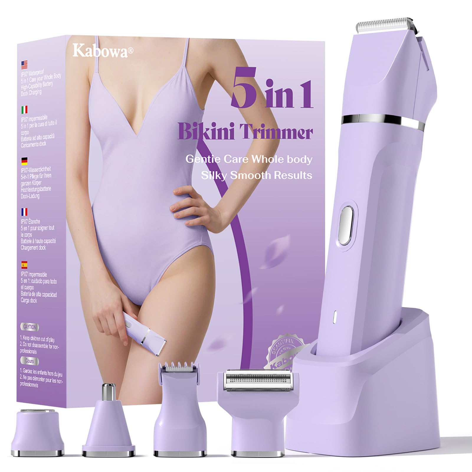 Kabowa bikini-trimmer assembly heads illustrate 5-in-1 versatility for multiple grooming needs.