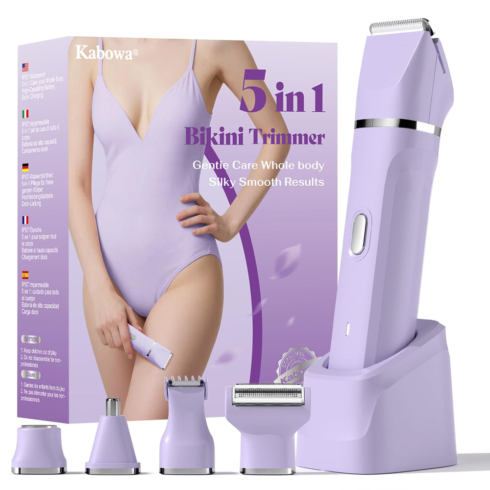 Kabowa bikini-trimmer assembly heads illustrate 5-in-1 versatility for multiple grooming needs.