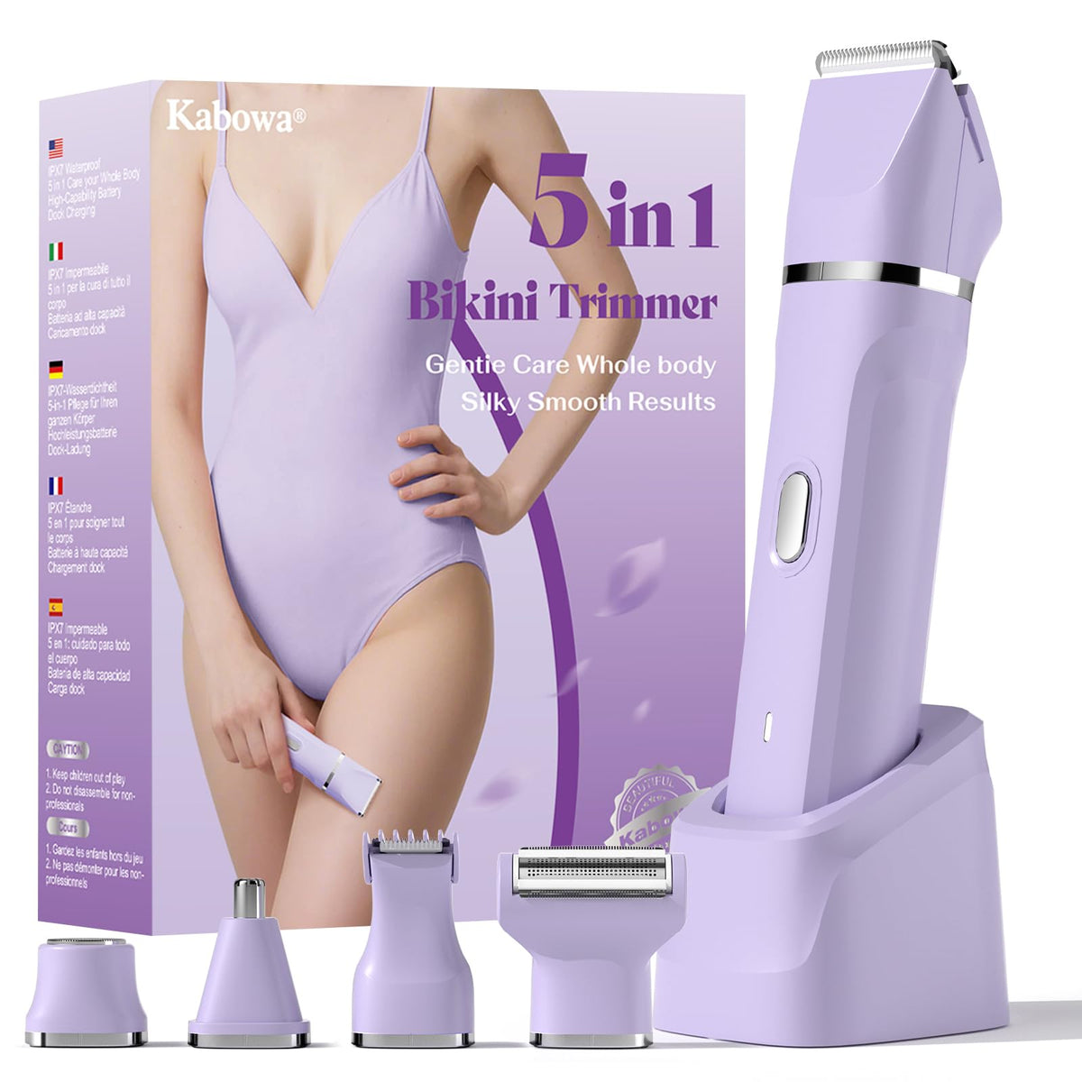 Kabowa bikini-trimmer assembly heads illustrate 5-in-1 versatility for multiple grooming needs.