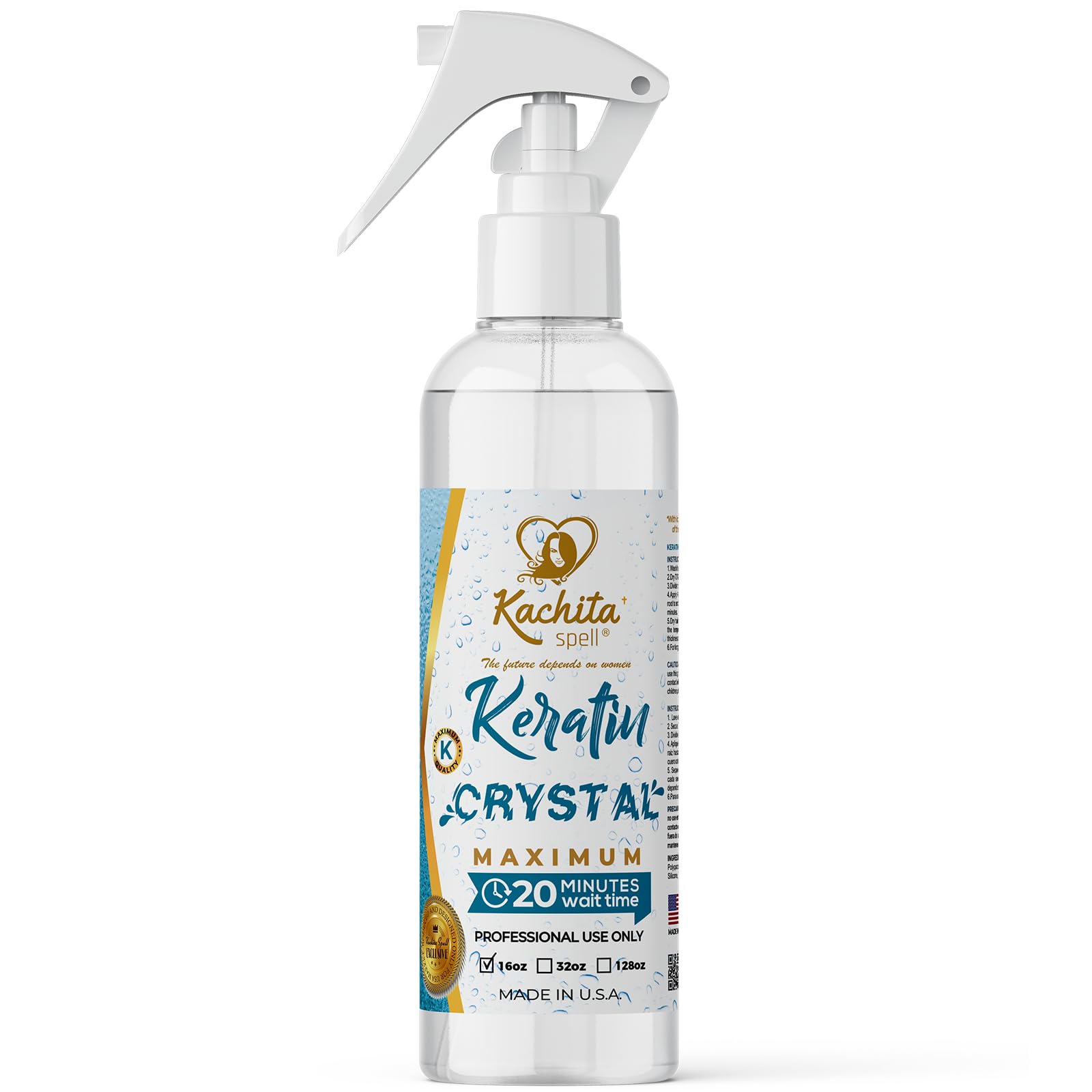 Kachita Spell Keratin Crystal Maximum bottle highlights smoothing formula for frizz control.