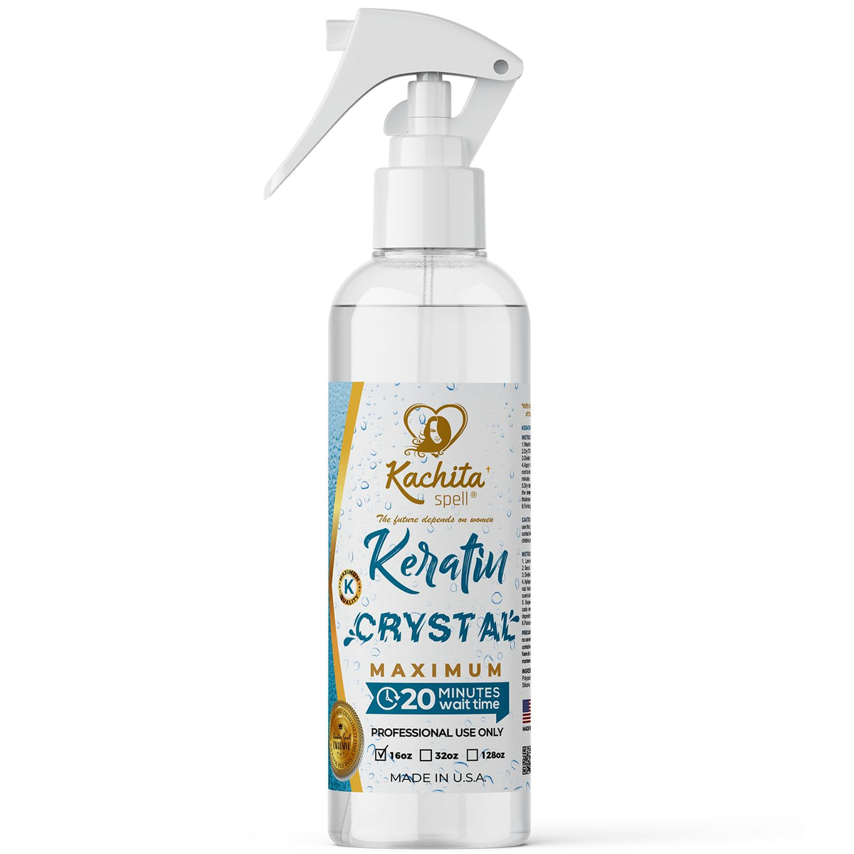 Kachita Spell Keratin Crystal Maximum bottle highlights smoothing formula for frizz control.