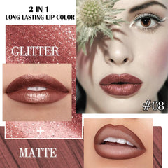 Kaely pearlescent metallic gloss adds light-reflecting glow to lips.