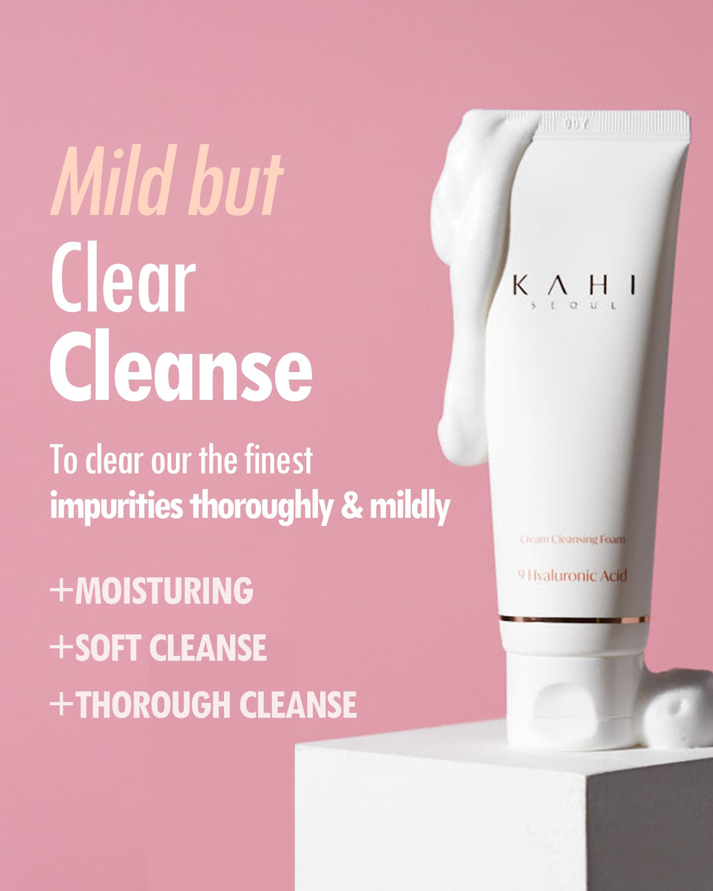 Kahi Cream Foaming Cleanser foam closeup reveals whipped-cream texture for deep pore cleansing.