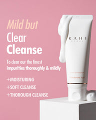 Kahi Cream Foaming Cleanser foam closeup reveals whipped-cream texture for deep pore cleansing.