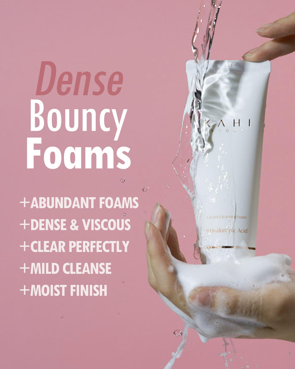 Kahi Cream Foaming Cleanser gel-to-foam transition illustrates efficient cleansing action.