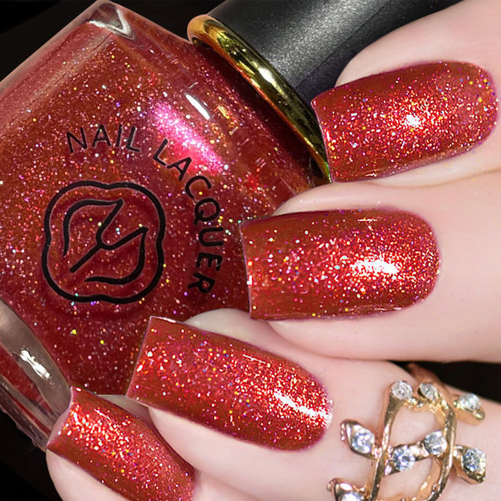 KAHSOSE red glitter nail polish bottle with rainbow shimmer for holiday sparkle.