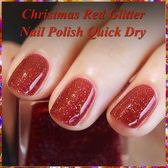 KAHSOSE red glitter nail polish swatch reveals vivid sparkle and smooth finish.