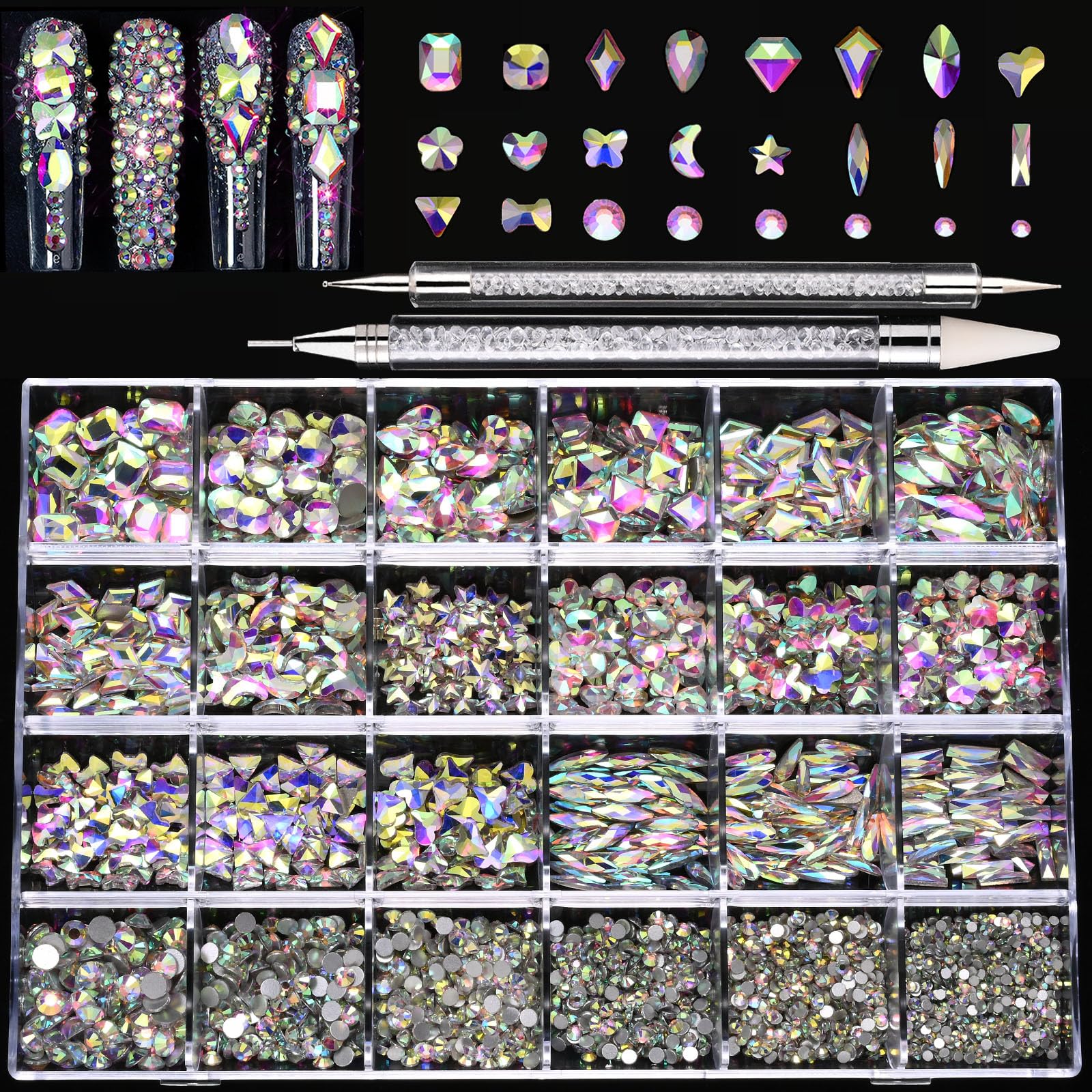 Kaipheiquan Nail Rhinestones Kit 900 AB Diamonds close up ready to apply sparkle for nails