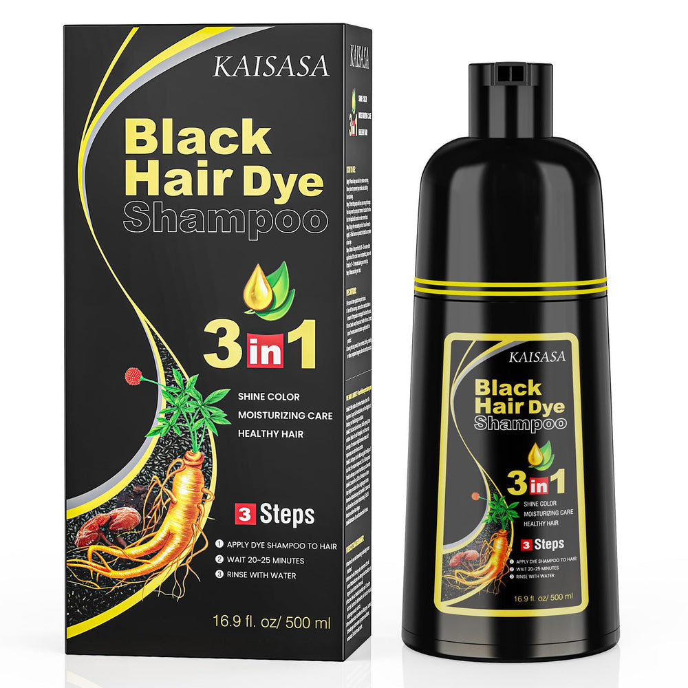 KAISASA Black Hair Dye Shampoo bottle—easy at-home gray coverage.
