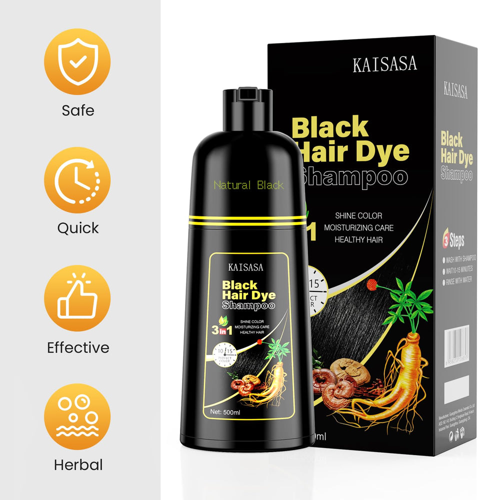 KAISASA Black Hair Dye Shampoo for all hair types demonstrates versatile coverage.