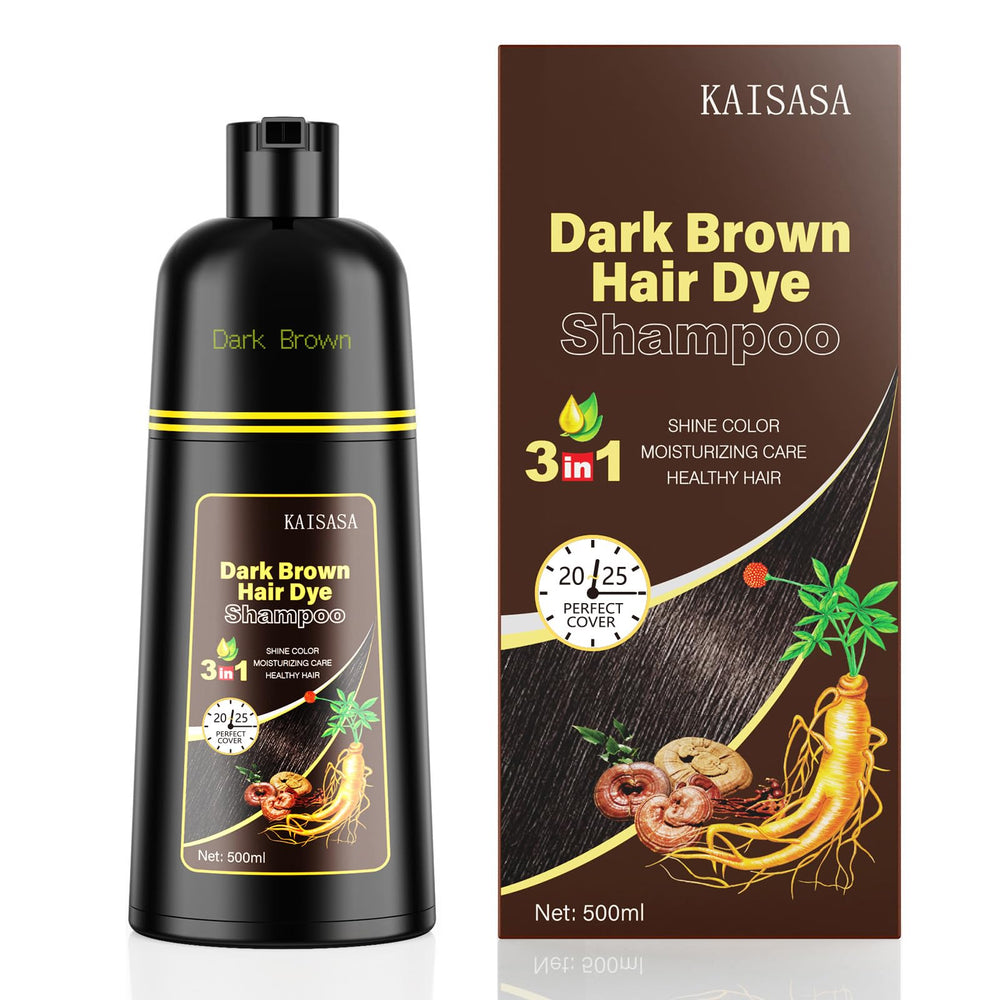 KAISASA dark brown hair dye shampoo bottle closeup shows 3-in-1 color, cleanse, conditioning