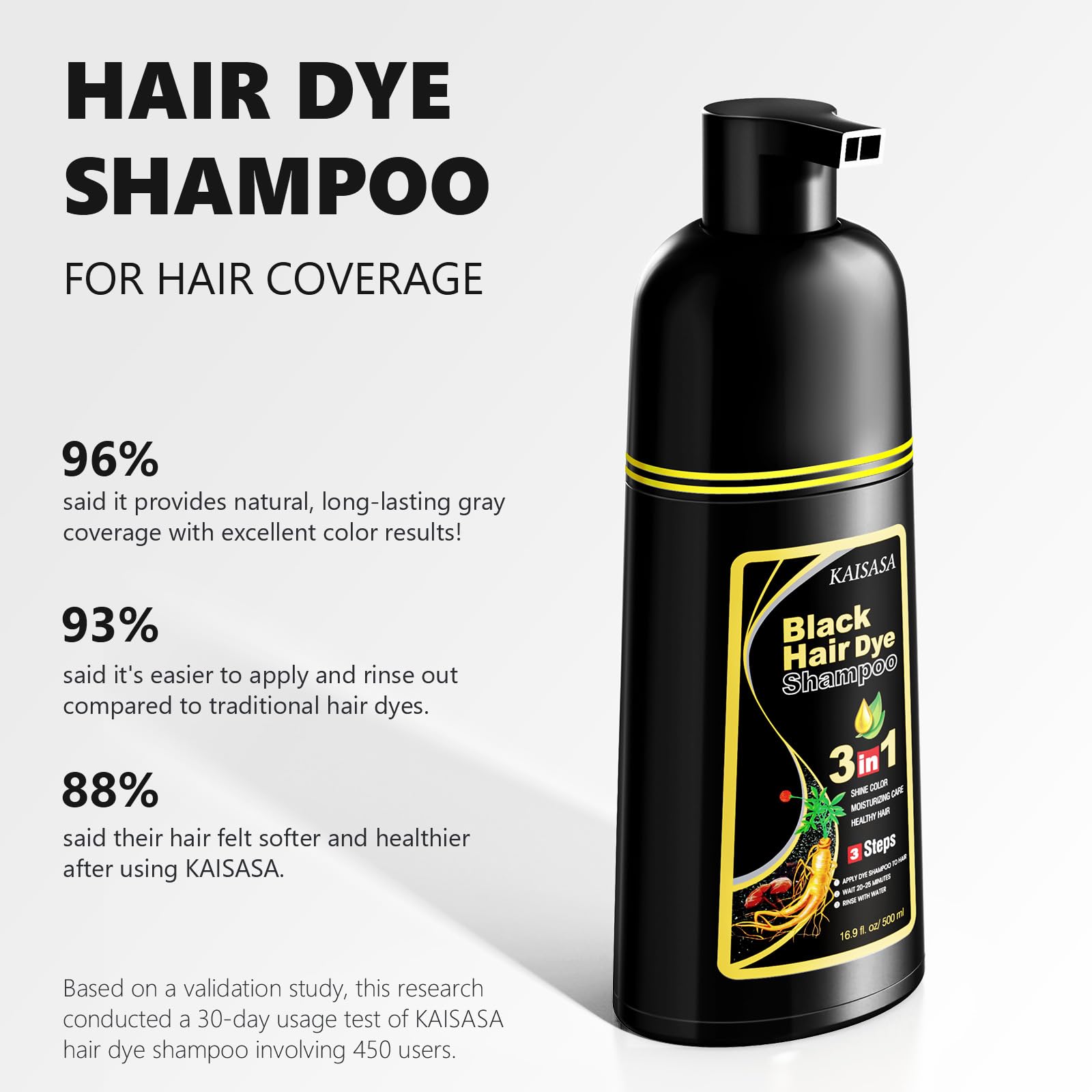 KAISASA even-coverage shampoo visual—consistent gray coverage across curls and straight hair.