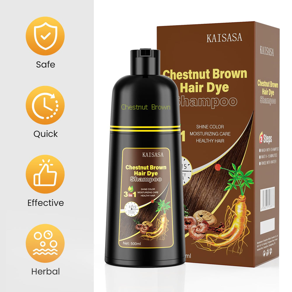 KAISASA Hair Dye Shampoo 7-10 Chestnut Brown final tone on model looks natural.