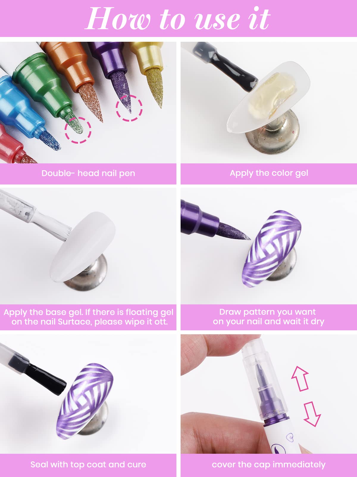 Nail salon-friendly Kalolary pens drawing fine lines on gel and natural nails.