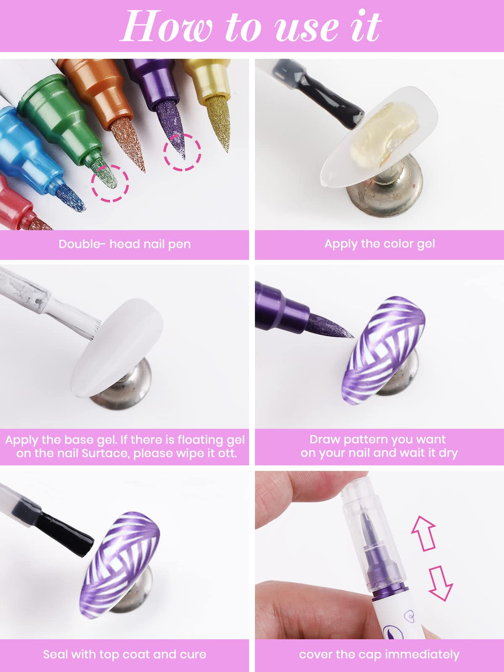 Nail salon-friendly Kalolary pens drawing fine lines on gel and natural nails.