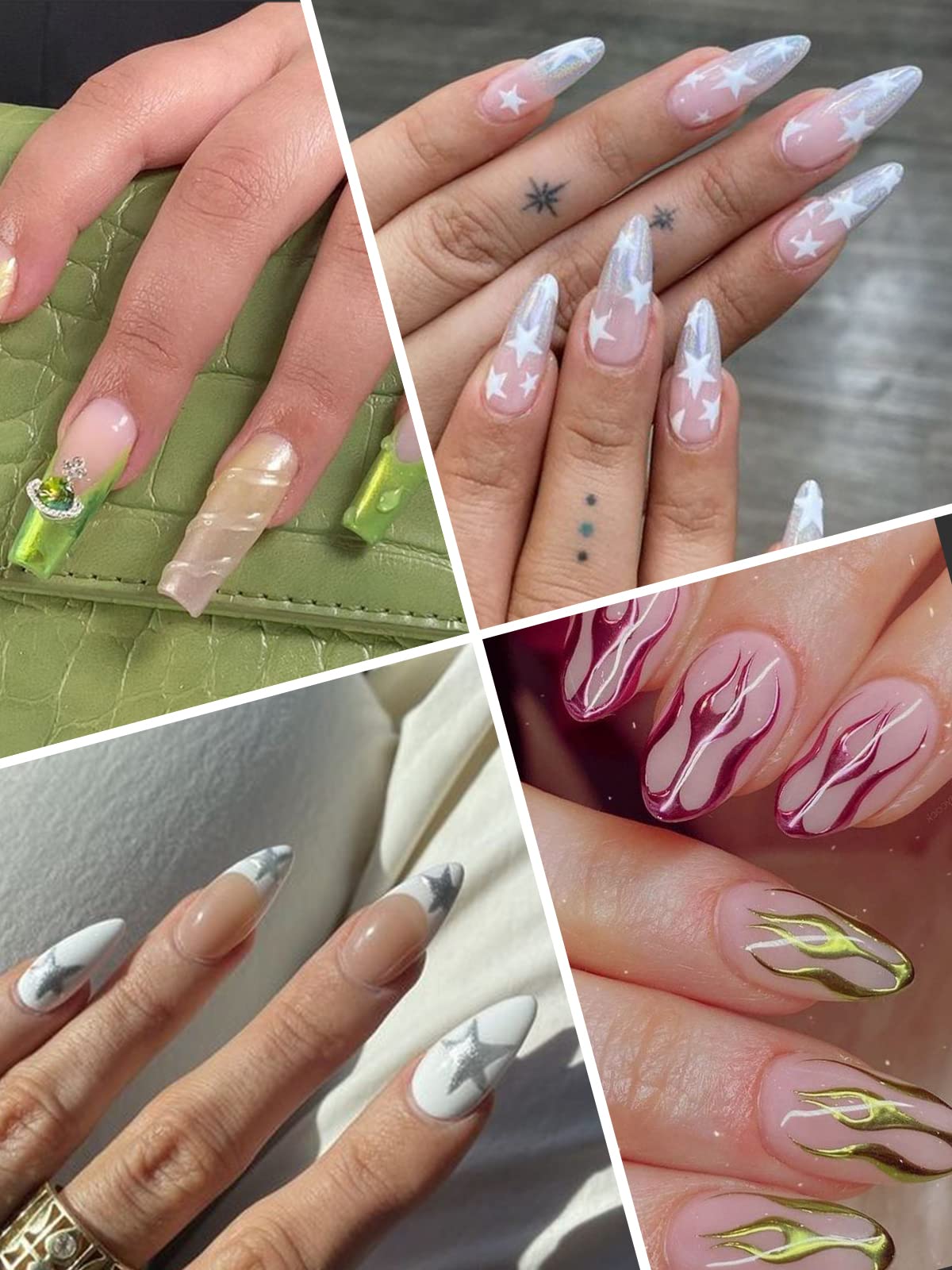 Creative nail art with Kalolary pens featuring dots, stripes, and floral patterns.