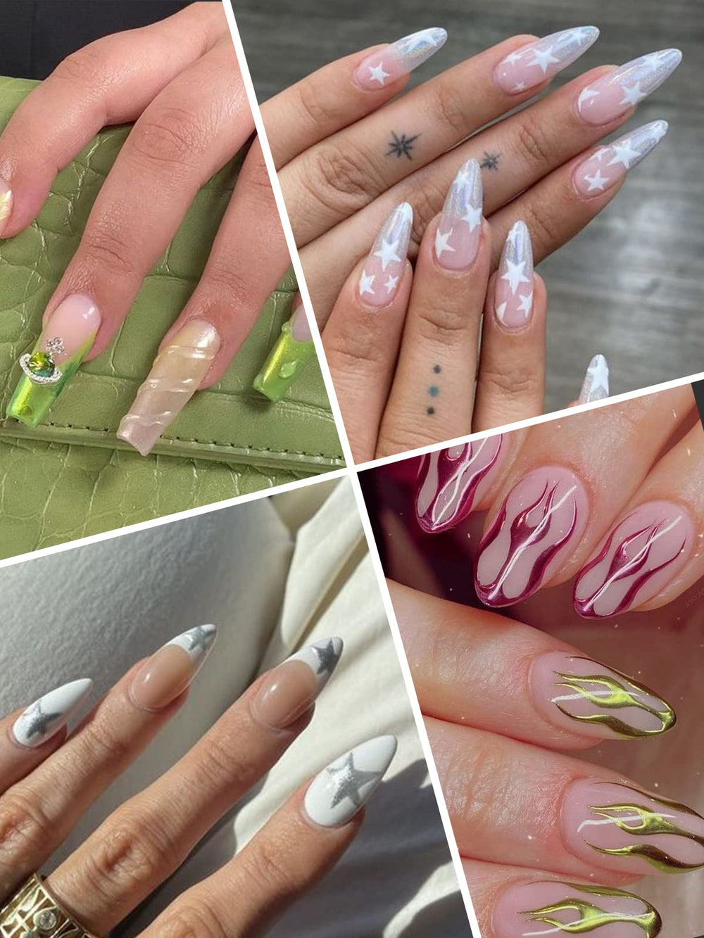 Creative nail art with Kalolary pens featuring dots, stripes, and floral patterns.