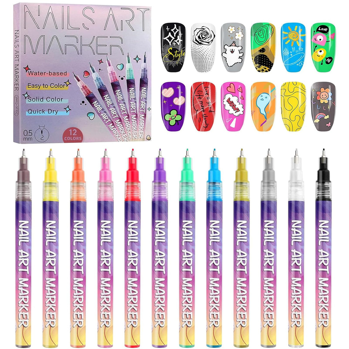 Kalolary 12-color nail art pens set color swatch showing vibrant spectrum for DIY designs