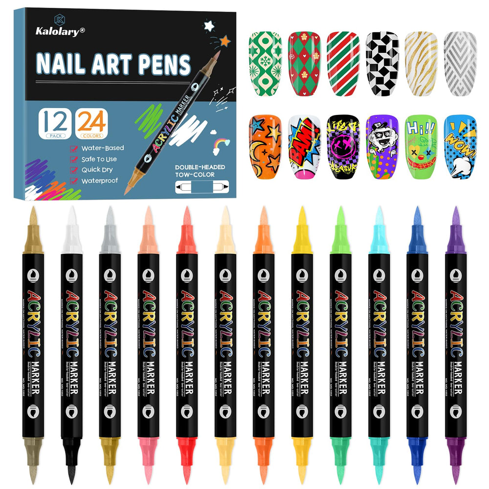 Kalolary 24-color nail art pens set shown for DIY manicures with vibrant shades.