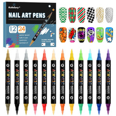 Kalolary 24-color nail art pens set shown for DIY manicures with vibrant shades.