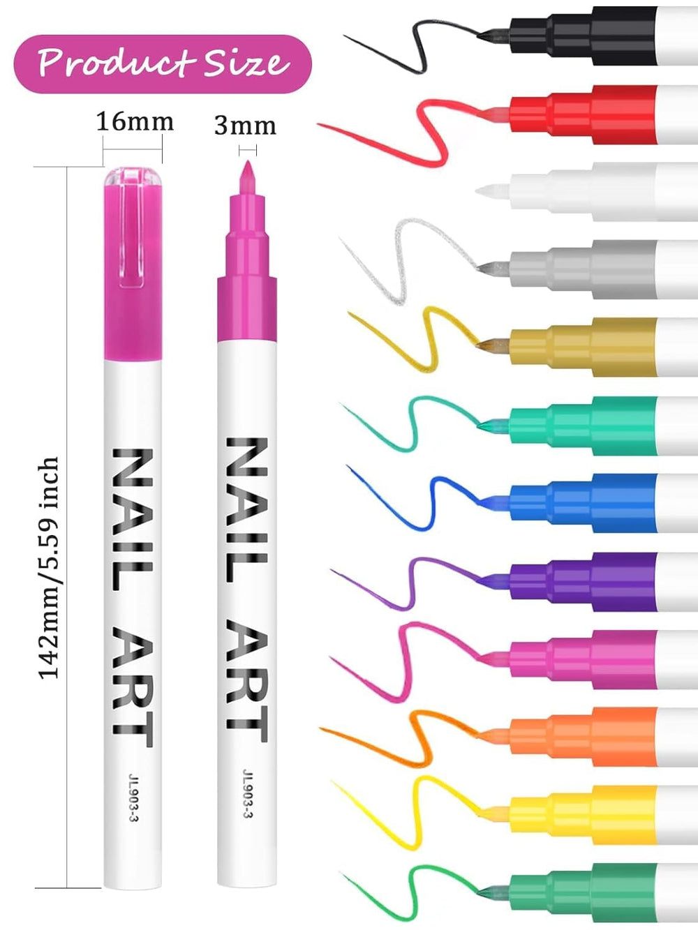 Kalolary easy-to-use nail art pen demonstrates ink-flow with simple shake and press.
