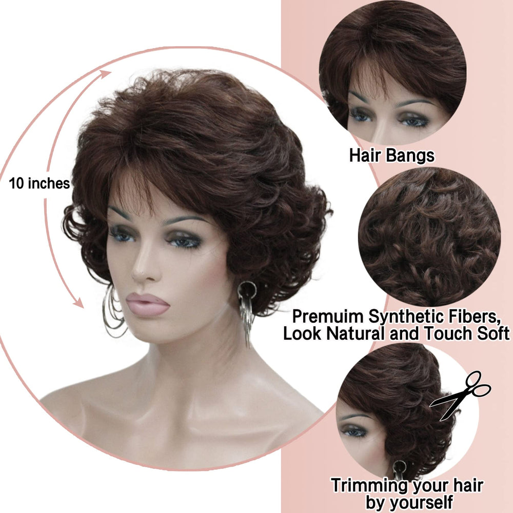 Kalyss dark brown short curly wig bangs closeup fiber shows premium synthetic texture and natural sheen.