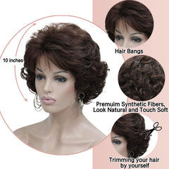 Kalyss dark brown short curly wig bangs closeup fiber shows premium synthetic texture and natural sheen.