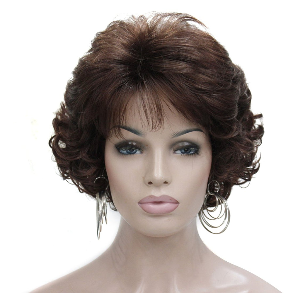 Kalyss dark brown short curly wig bangs front view showcases natural scalp-like realism for everyday wear.