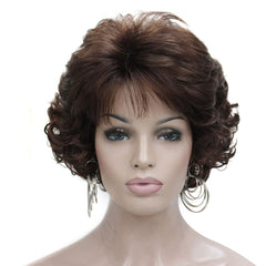 Kalyss dark brown short curly wig bangs front view showcases natural scalp-like realism for everyday wear.