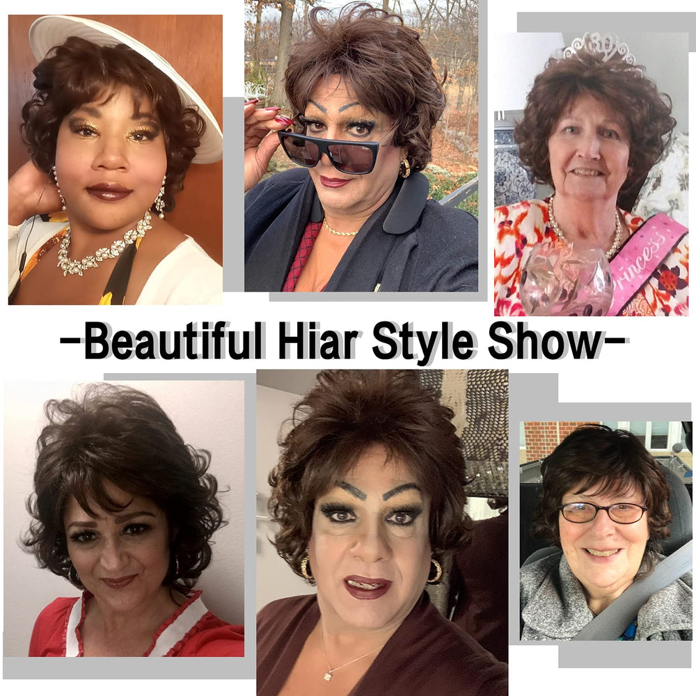 Kalyss dark brown short curly wig bangs natural-sheen closeup highlights lifelike luster.