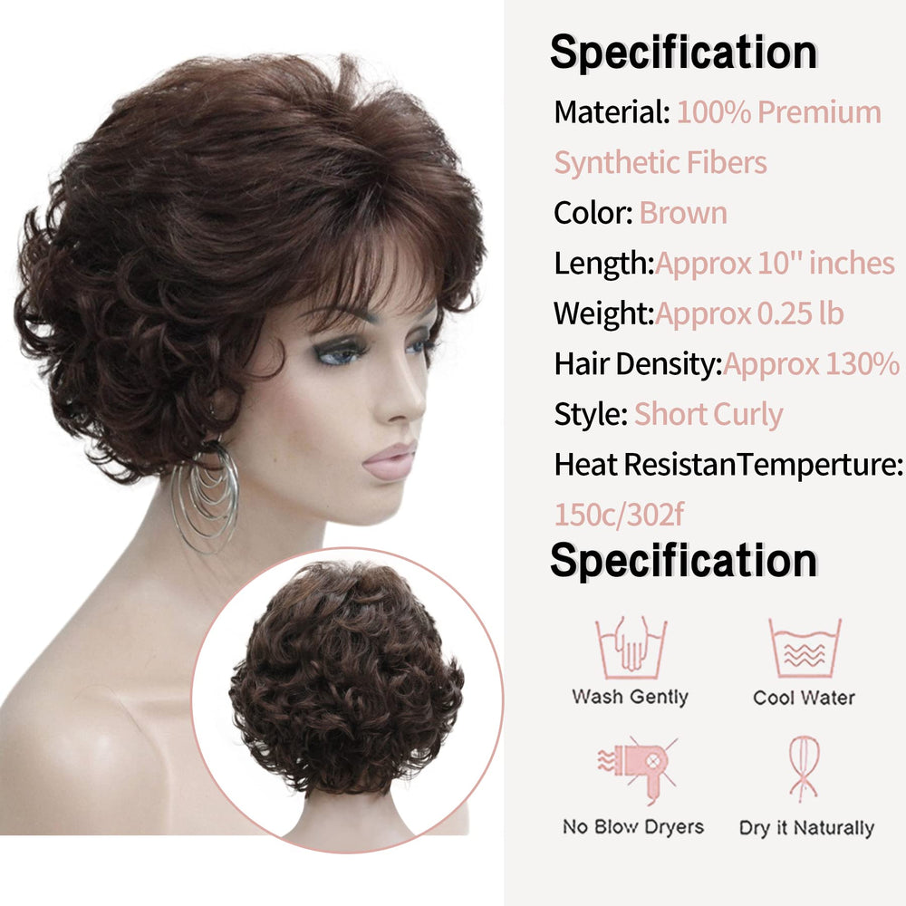 Kalyss dark brown short curly wig comfort-weight wearability for all-day style.