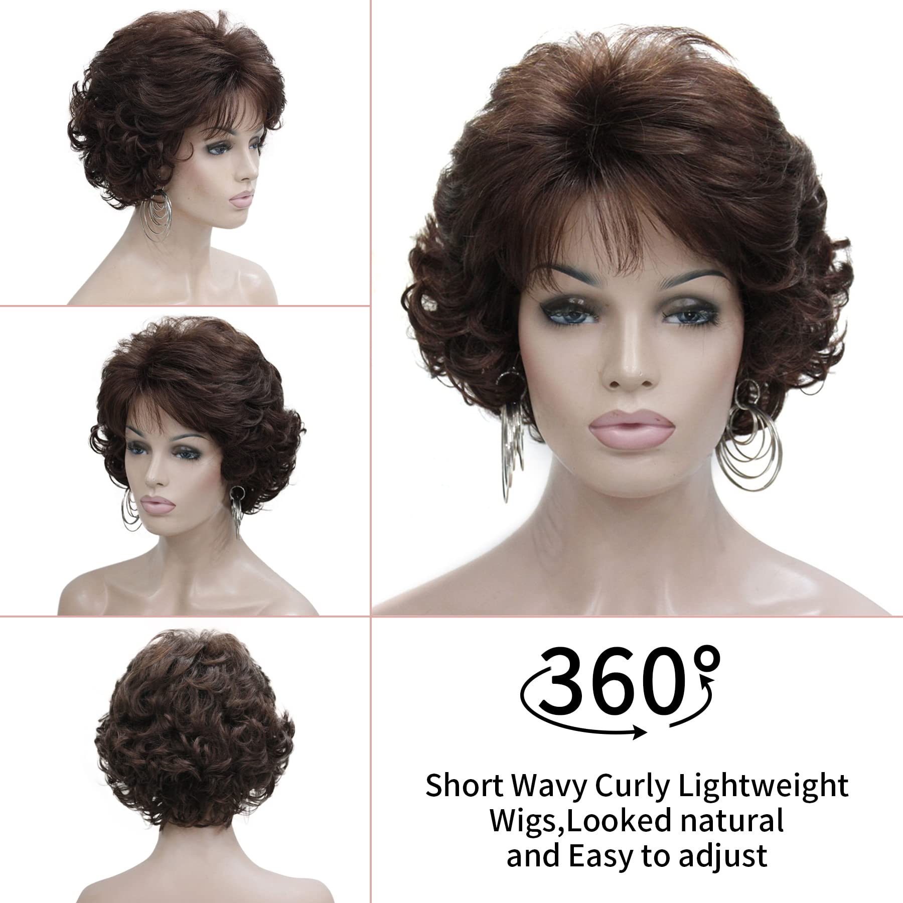 Kalyss dark brown short curly wig party-ready style suitable for events.