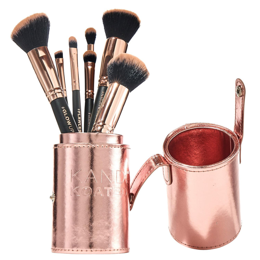 Kandi Koated makeup brushes set in rose gold case showcase premium tools for flawless daily application.
