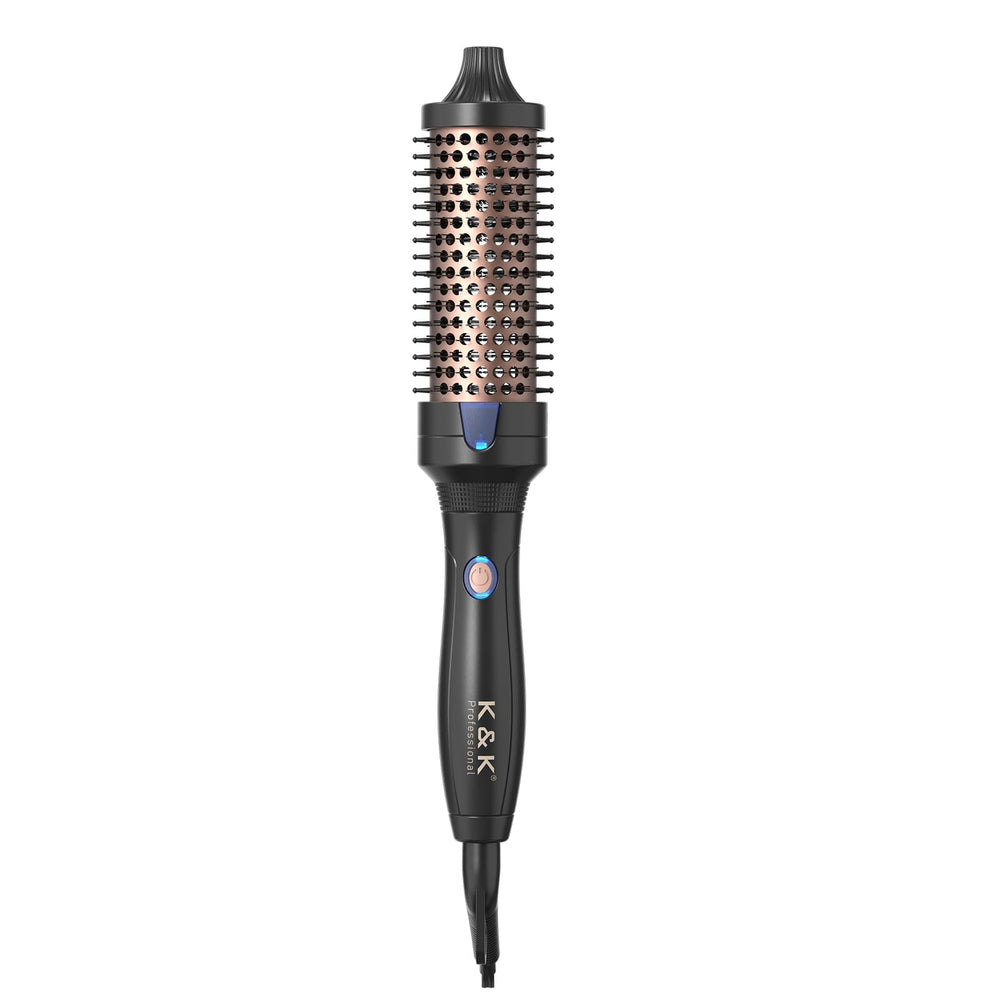 K&K Heated Curling Brush 1.5-inch barrel close-up for even heat and smooth styling.