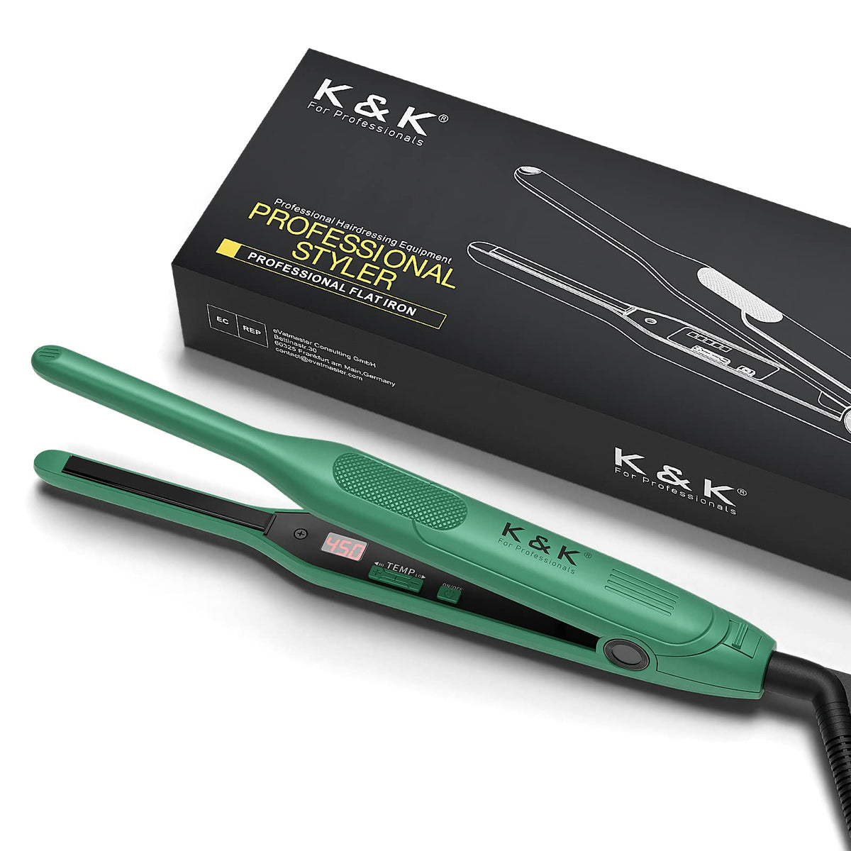 K&K mini flat iron close-up shows 3/10-inch titanium plate for smooth styling.