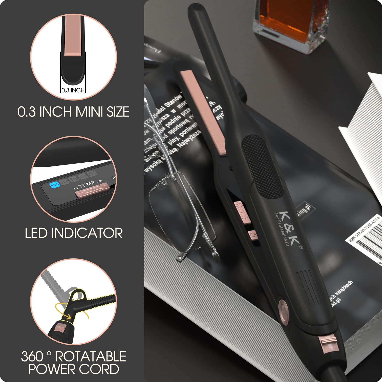 K&K mini flat iron used on pixie cut for sleek, quick styling.