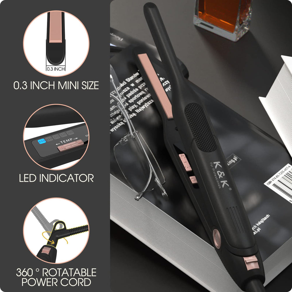 K&K mini flat iron used on pixie cut for sleek, quick styling.