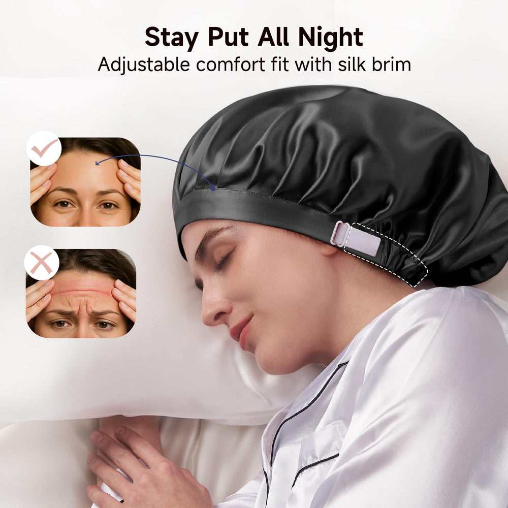 Kaome long curly hair use shows roomy bonnet for versatile hair protection.