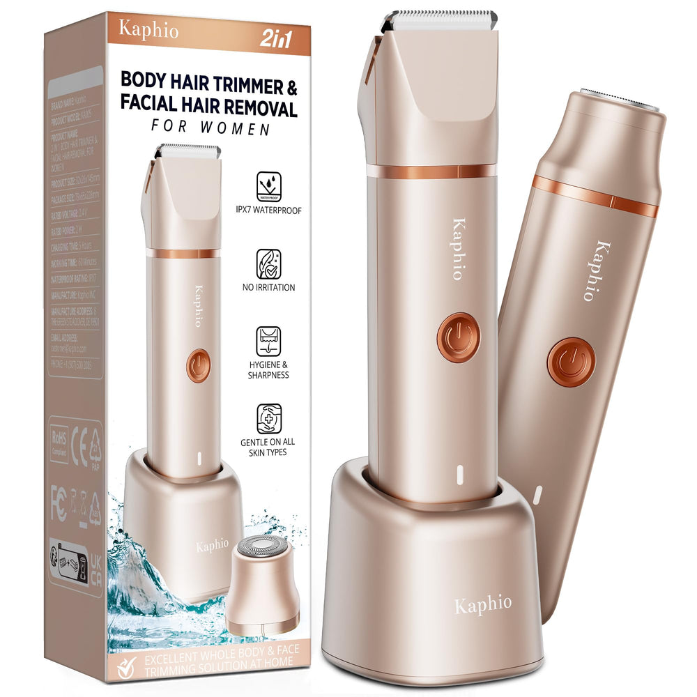 KAPHIO bikini-trimmer closeup ceramic-head showing skin-gentle trimming for sensitive areas.