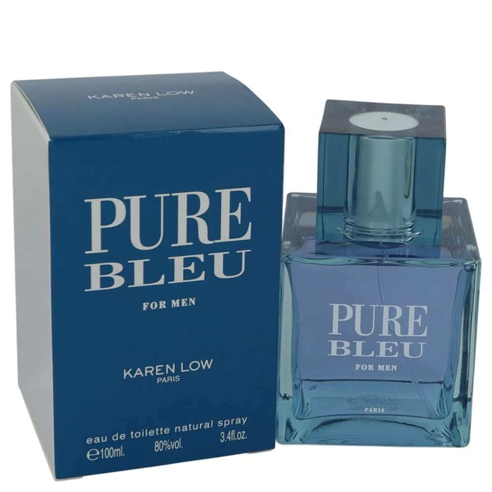 Karen Low Pure Blue Eau de Toilette bottle with spray cap for daily confidence.