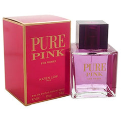Karen Low Pure Pink Eau de Parfum bottle highlights fruity-floral notes for date-night wear.