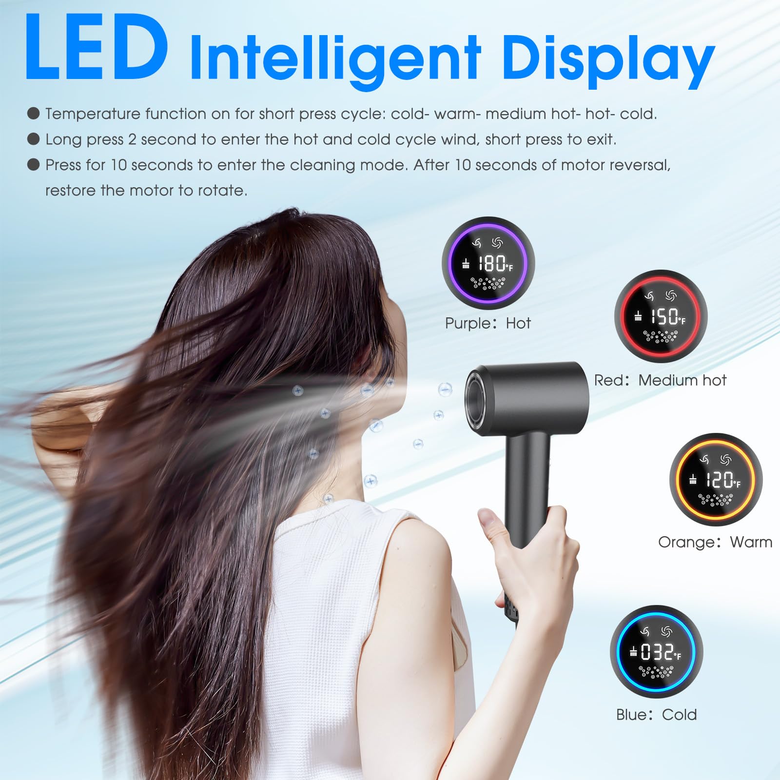 KARFUN Plasma Hair Dryer LED display enables precise temperature and speed control for styling.