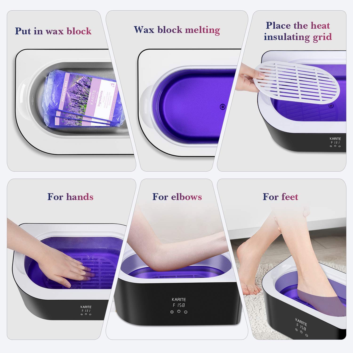 Karite paraffin wax demonstrating a before and after difference.