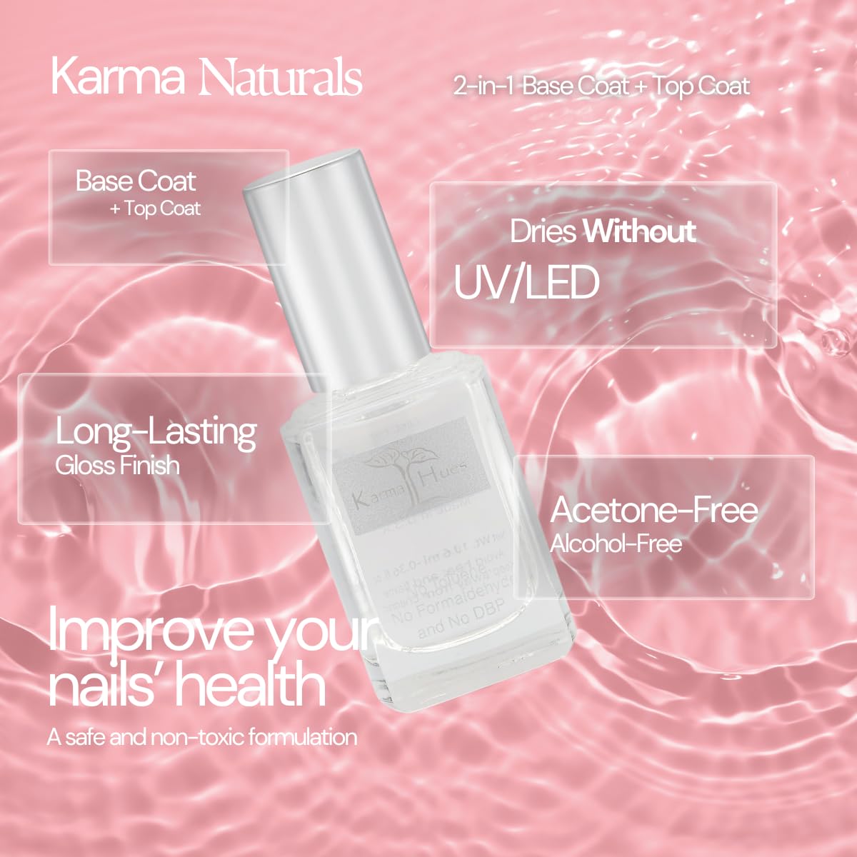 karma organic clear nail enamel showcases a crystal-clear, long-lasting shine