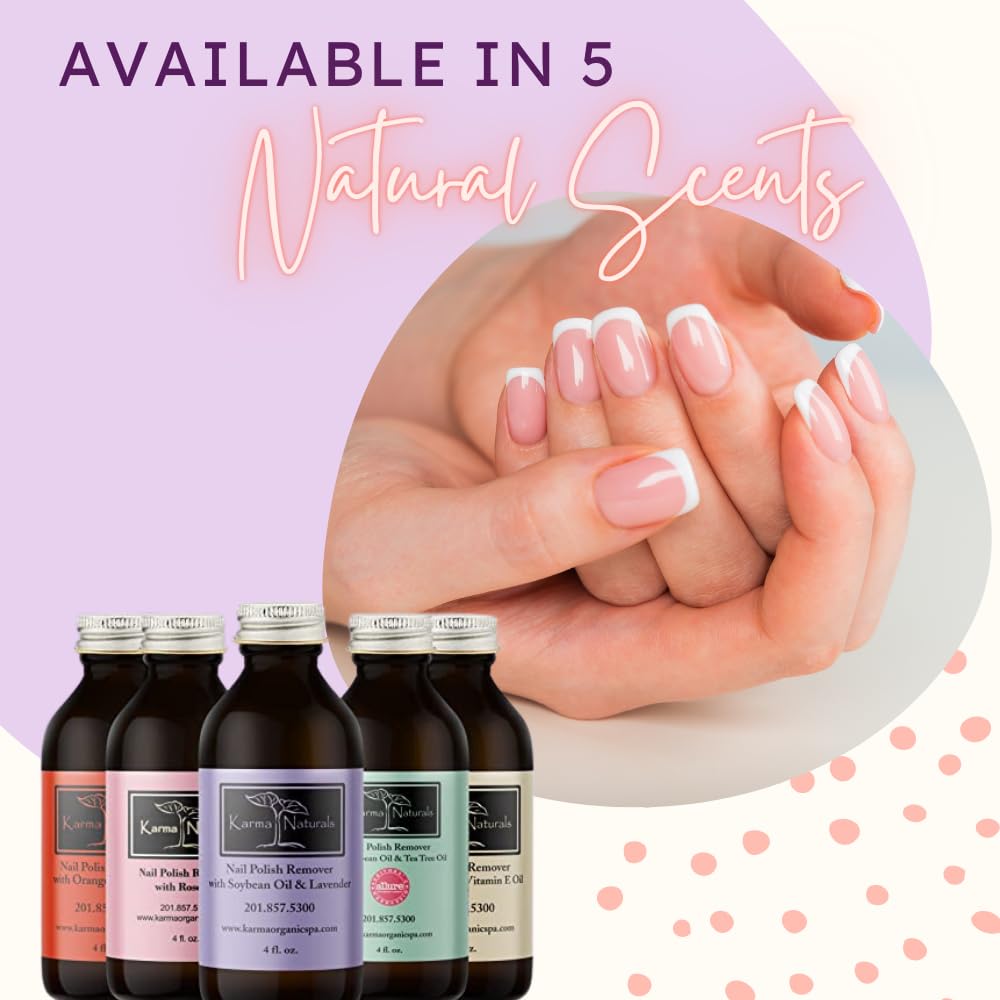 Eco-friendly glass bottle packaging with soy-based ink from Karma Organic Nail Polish Remover.