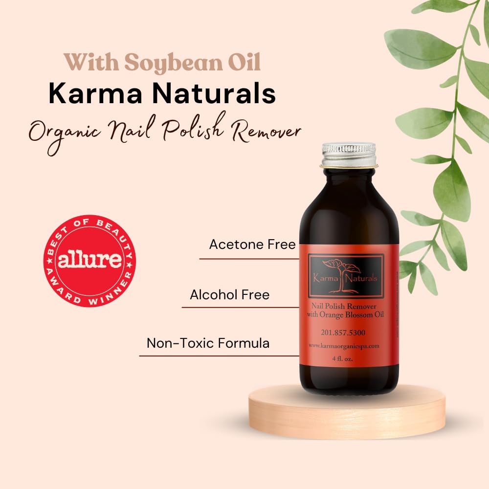 Karma Organic Nail Polish Remover with orange blossom oil delivers a pleasant scent while cleansing.