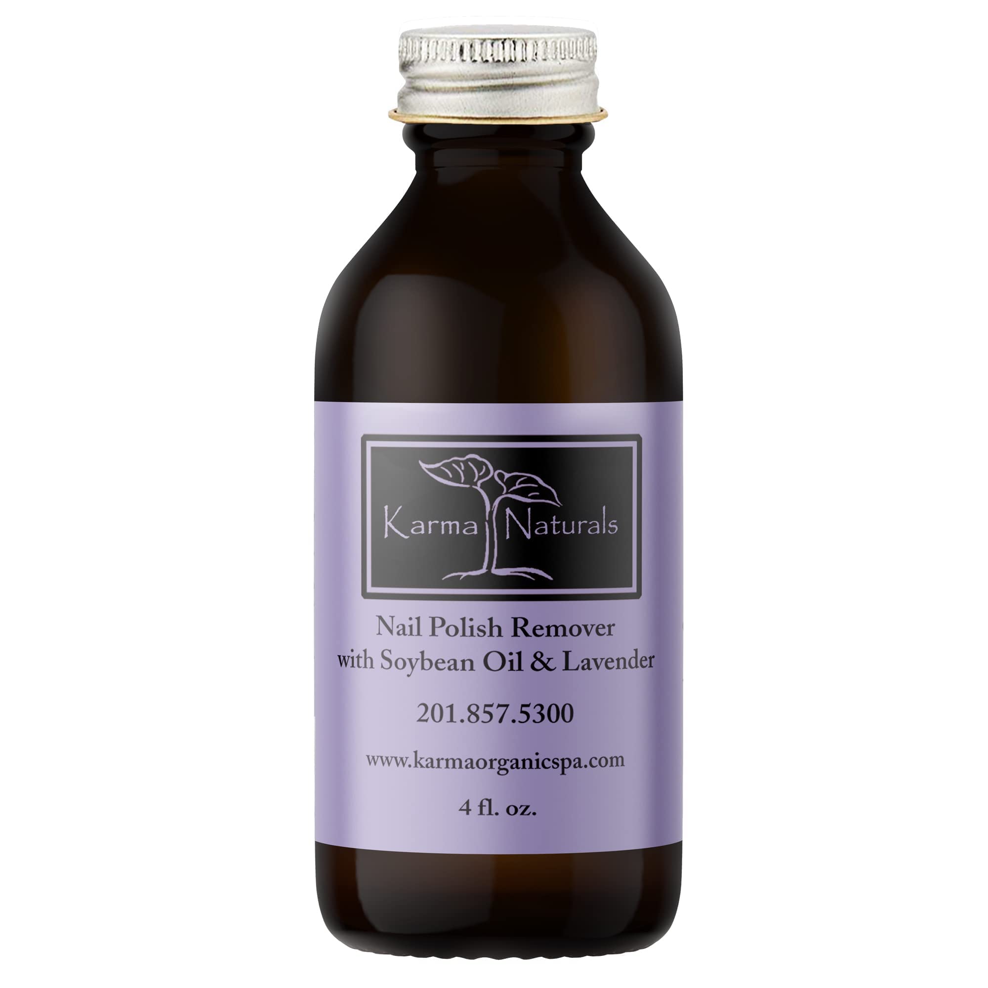 Karma Organic Nail Polish Remover bottle with soybeans and lavender for nourishing care.