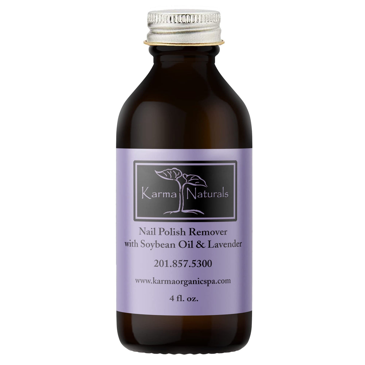 Karma Organic Nail Polish Remover bottle with soybeans and lavender for nourishing care.